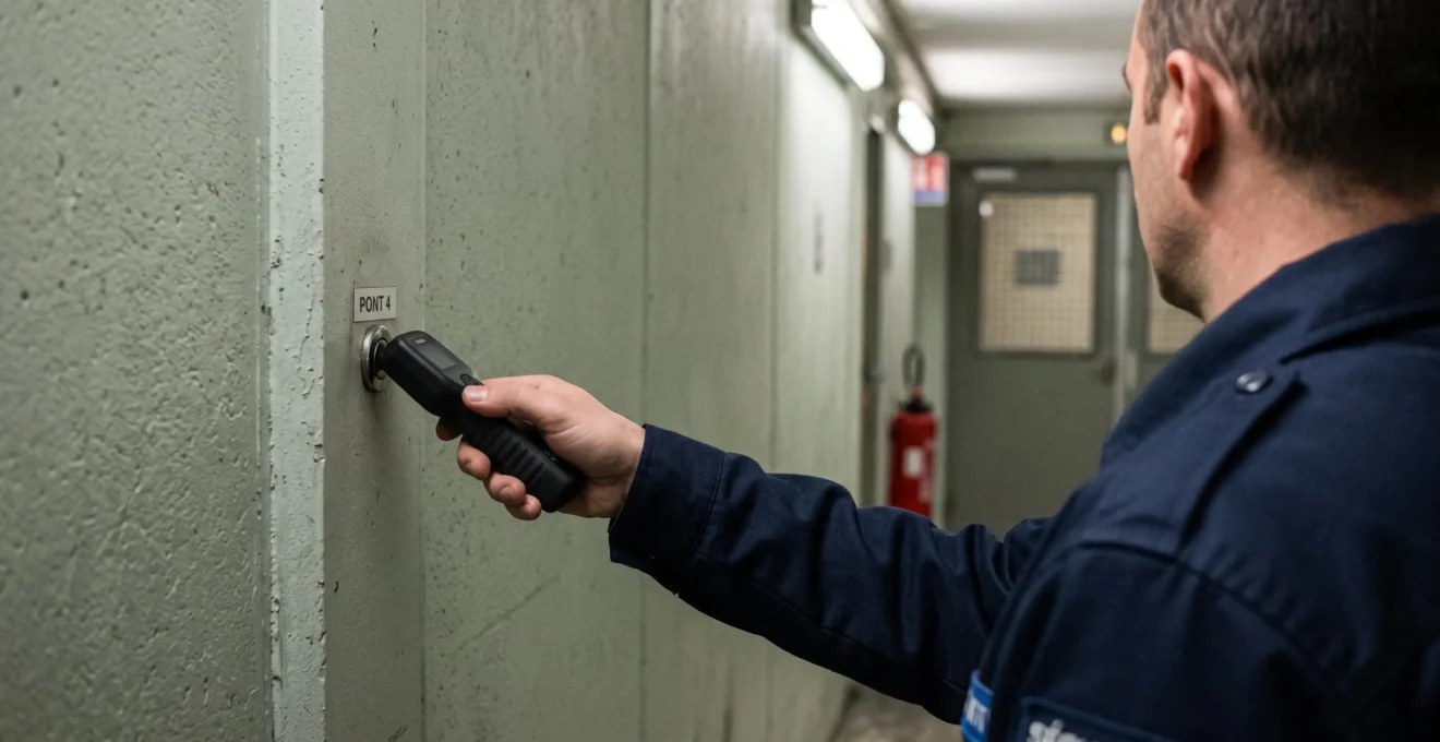 Un agent de sécurité pointe un lecteur électronique sur un point de contrôle mural lors de sa ronde.