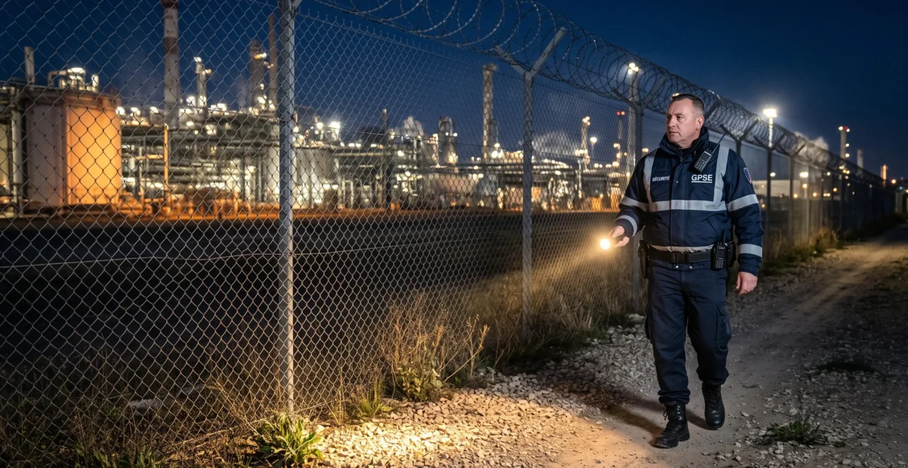 Un agent de sécurité effectue une ronde de nuit le long de la clôture d'un site industriel, lampe torche en main.