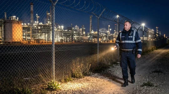 Un agent de sécurité effectue une ronde de nuit le long de la clôture d'un site industriel, lampe torche en main.