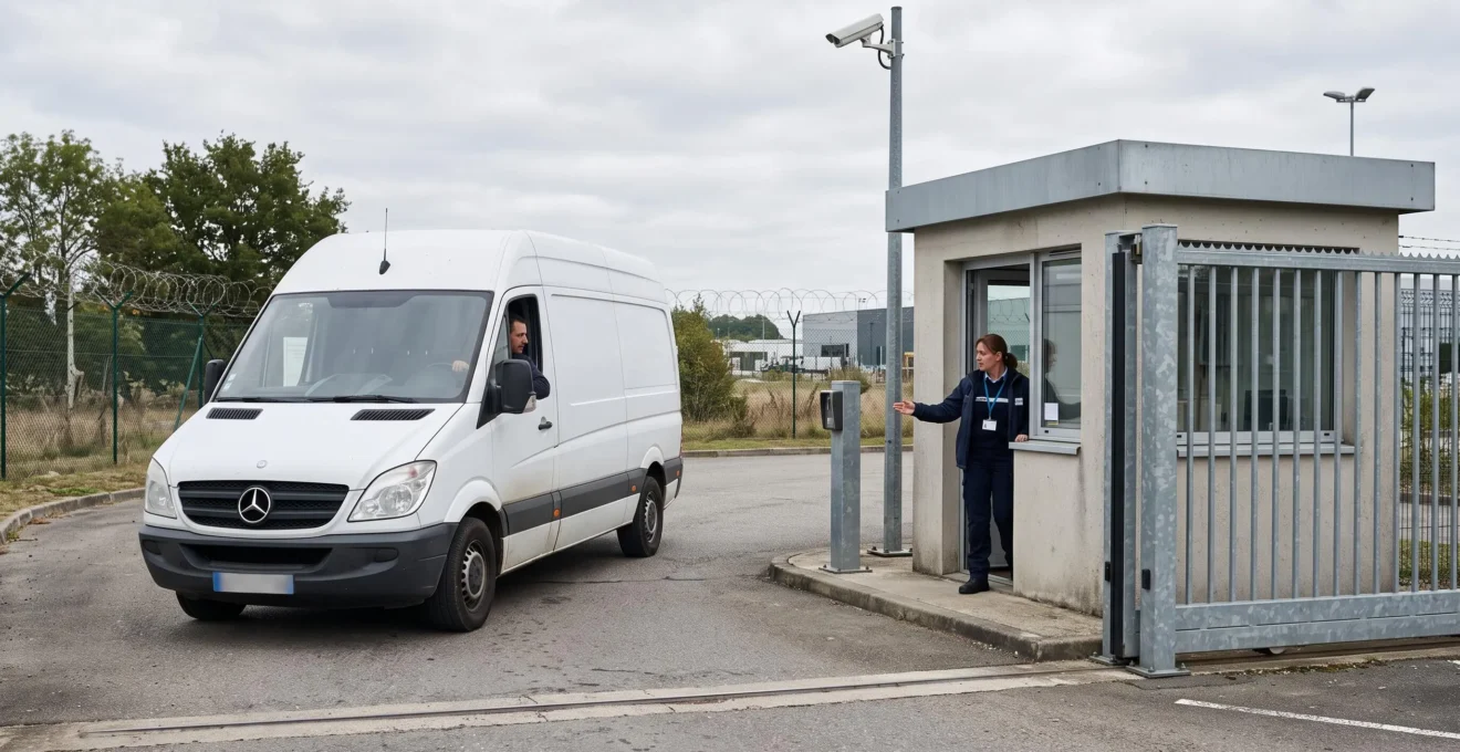 Un agent de sécurité filtre l'accès d'un véhicule utilitaire à l'entrée d'un site logistique équipé d'une barrière et d'une caméra.